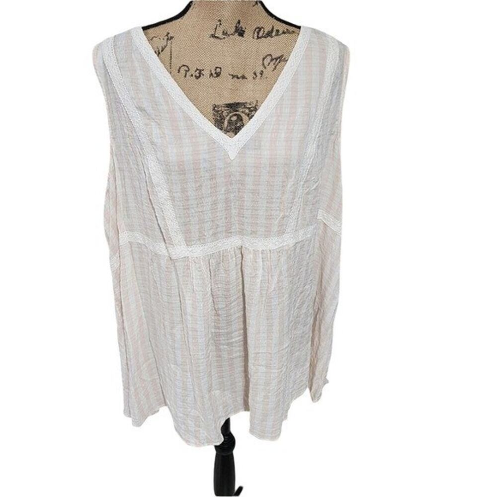 Lane Bryant crocheted lace trim pale peach white seersucker tank top plus 18 2X